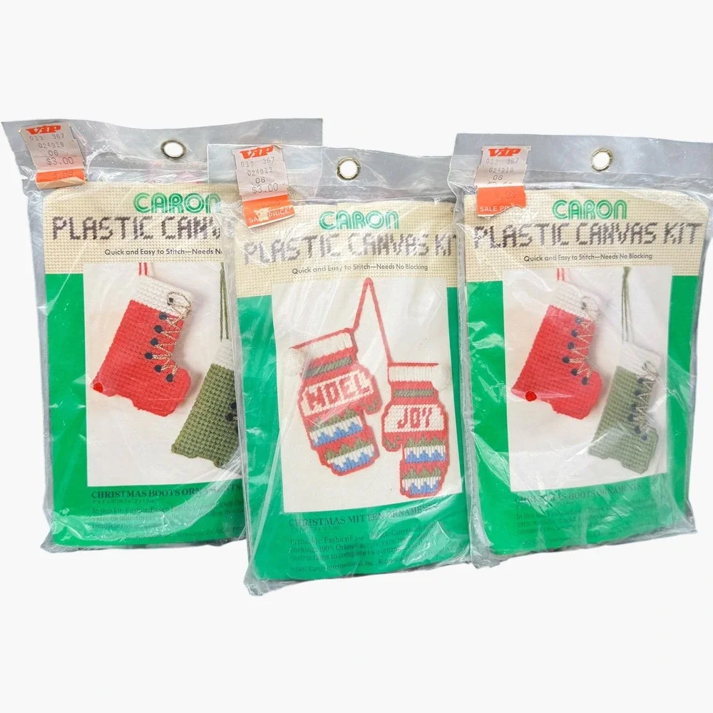 Vintage 1982 Caron Plastic Canvas Kit Lot 3 Christmas Boots Mitten Ornaments DIY